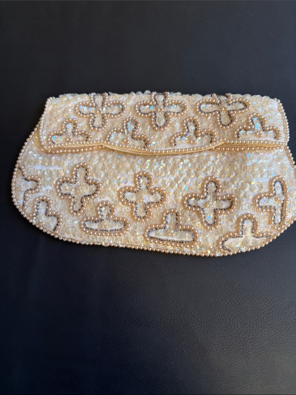 Vintage David’s Import Japan Ivory Beaded Cross Motif Clutc